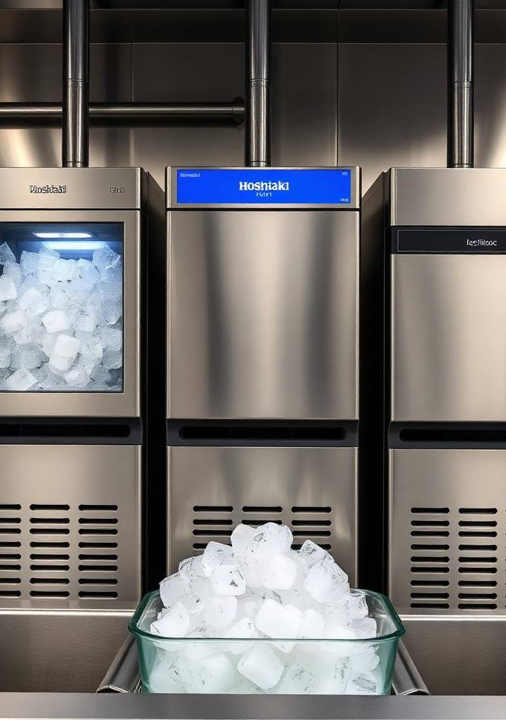 Hoshizaki, Manitowoc and Scotsman commercial ice machines side-by-side in a Twin Cities restaurant back-of-house