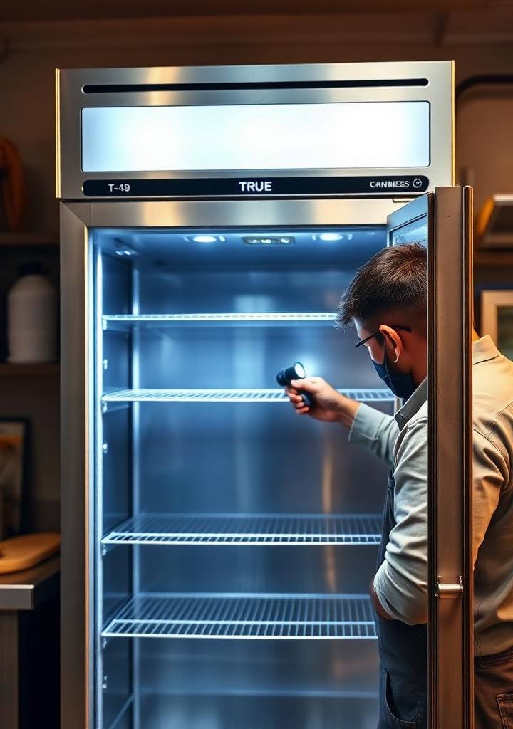 Technician inspecting a True T-49 stainless steel commercial refrigerator in a Twin Cities restaurant kitchen