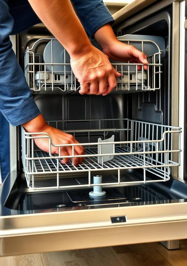 Technician pulling the bottom rack out of a Whirlpool dishwasher revealing standing water and the drain pump area